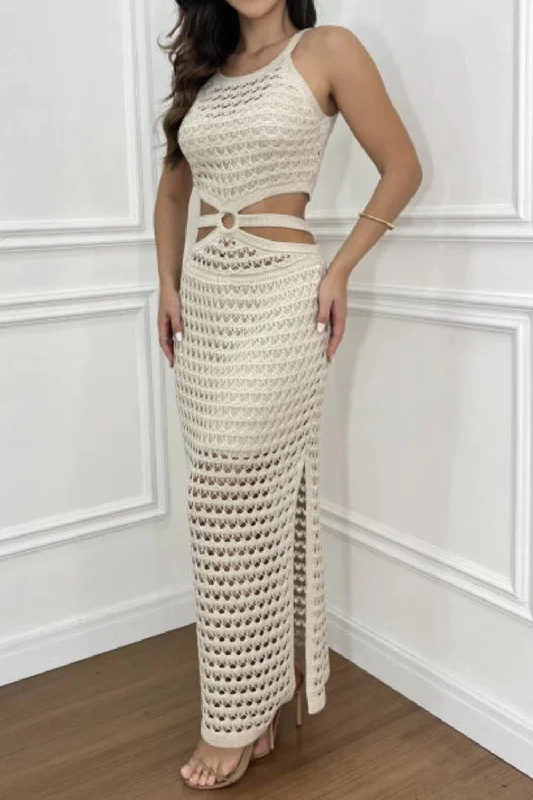 Cutout Slit Round Neck Sweater Dress Elegant Women's Formal 