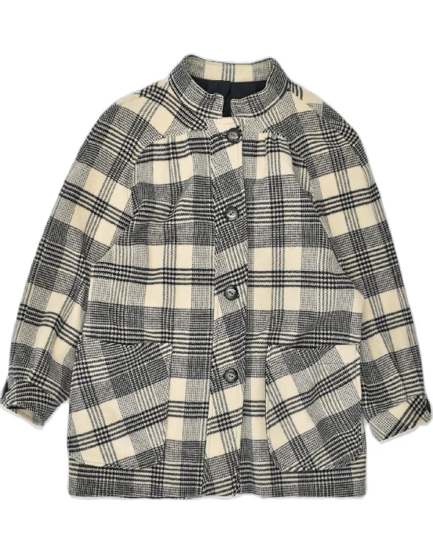 VINTAGE Womens Pea Coat UK 14 Medium Off White Check Wool Geometric
