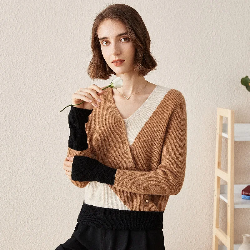 100% Cashmere V Neck Color Block Faux Cardigan Sweater purpose