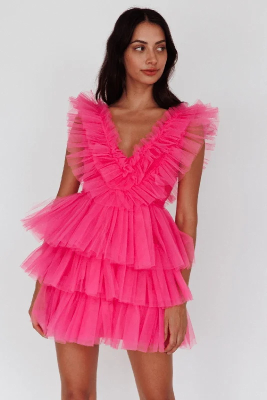 Froufrou Layered Tulle Mini Dress Hot Pink Sporty Women's Tennis