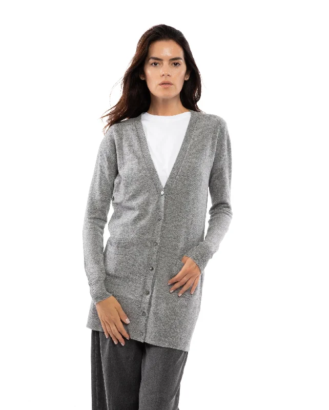 NEW FALL 24 - Women's Long Pure Cashmere Cardigan Sweater Melange Gray by Monticelli Cashmere Contemporary 