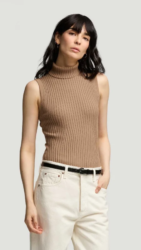 Sleeveless Turtleneck in Stretch Wool | Camel Monochromatic Office Style
