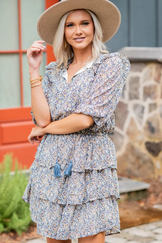 It's All You Dusty Blue Ditsy Floral Dress