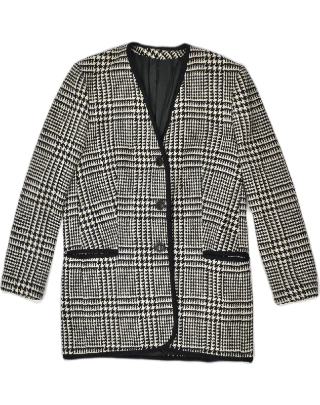 VINTAGE Womens 3 Button Blazer Jacket UK 16 Large Black Houndstooth Wool Casual Women's Loose - fitting