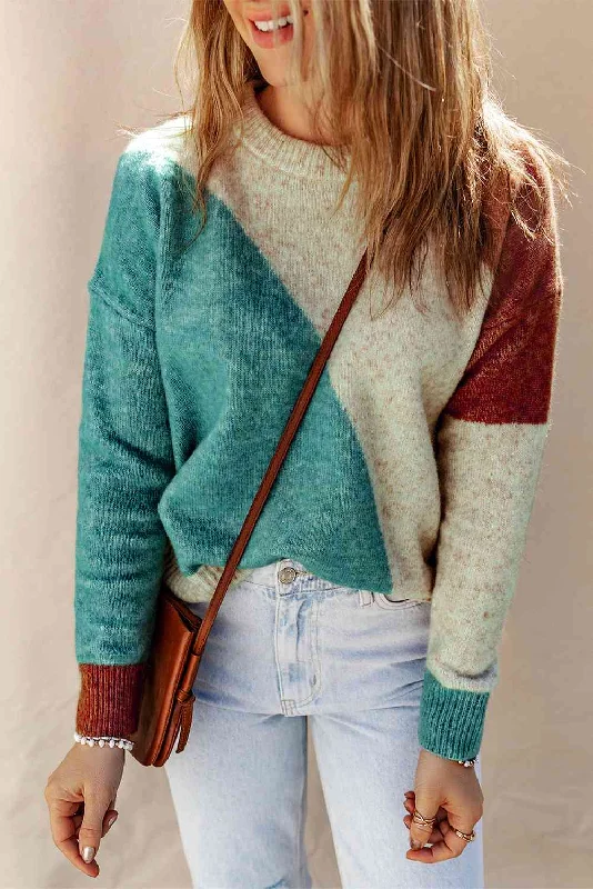 Color Block Round Neck Dropped Shoulder Pullover Sweater Cool Women's Distressed