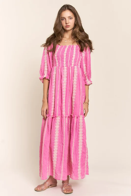 Pink Embroidered Detail Smocked Top Maxi Dress