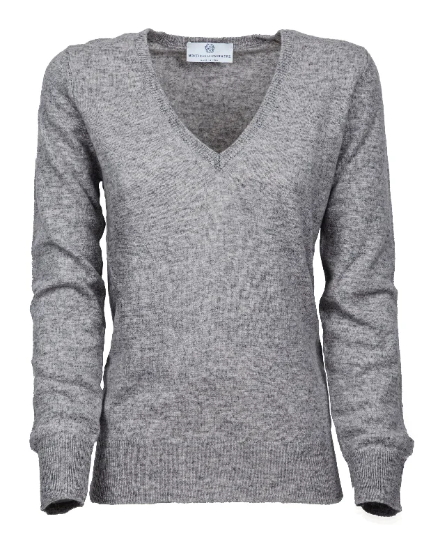 NEW FALL 24 - Women's Pure Cashmere V-Neck Sweater Melange Gray by Monticelli Cashmere Refined Women's 