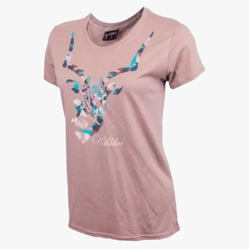 Wildebees Womens Abstract Impala Short Sleeve Tee Latte Mel Vacation