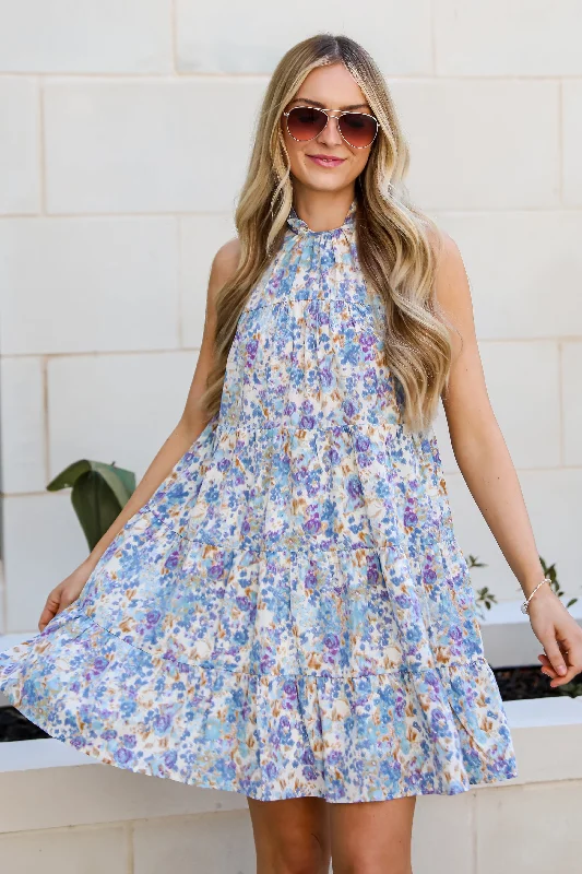 FINAL SALE - Daytime Sweetie Blue Floral Tiered Mini Dress Classic Women's Tweed