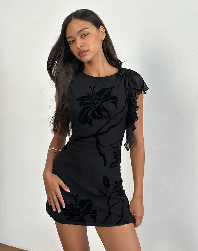 Salya Mini Dress in Orchids Flock Black Scandinavian