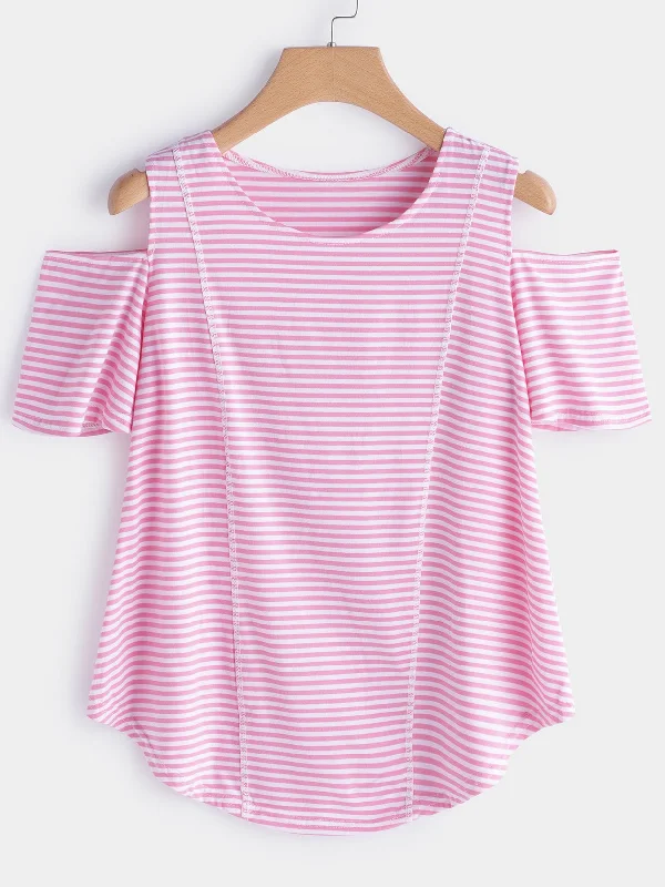 Custom Crew Neck Cold Shoulder Stripe Short Sleeve Curved Hem Pink T-Shirts Gym