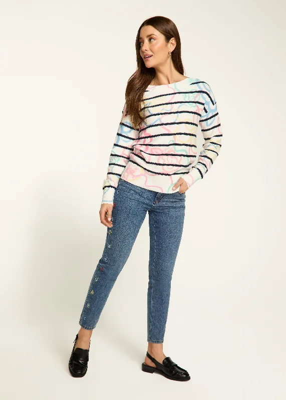 Boat-Neck Printed Sweater, Rosette Print