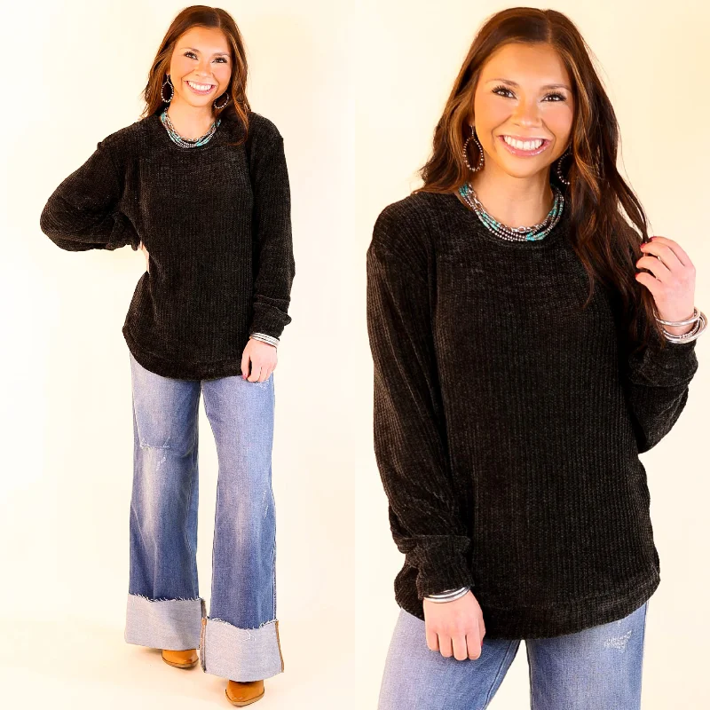 Classic Cutie Long Sleeve Chenille Waffle Knit Round Neck Sweater in Black Traditional Women's 