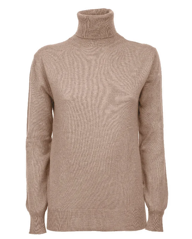 NEW FALL 24 - Women's Pure Cashmere Turtleneck Sweater Taupe by Monticelli Cashmere Classic Women's Pin - striped