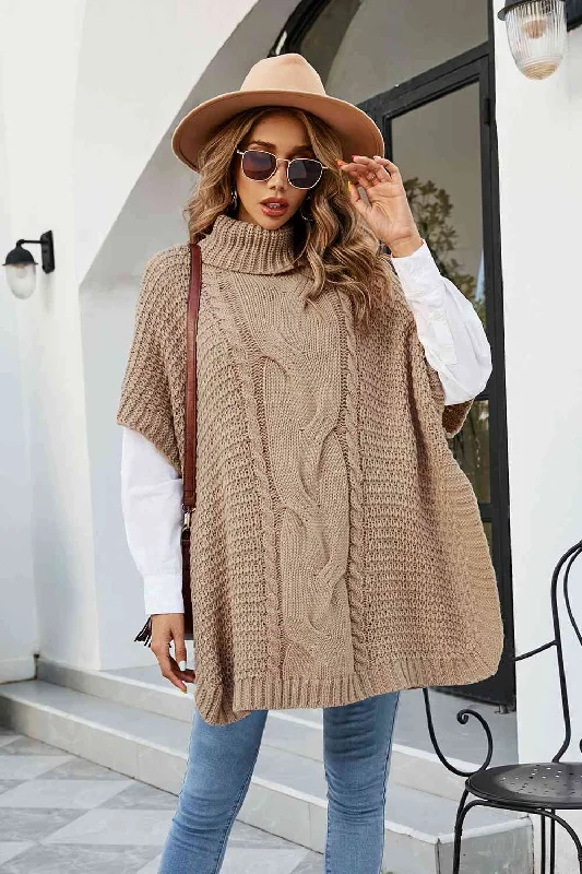 Cable-Knit Turtleneck Slit Sweater Elegant Women's Formal 
