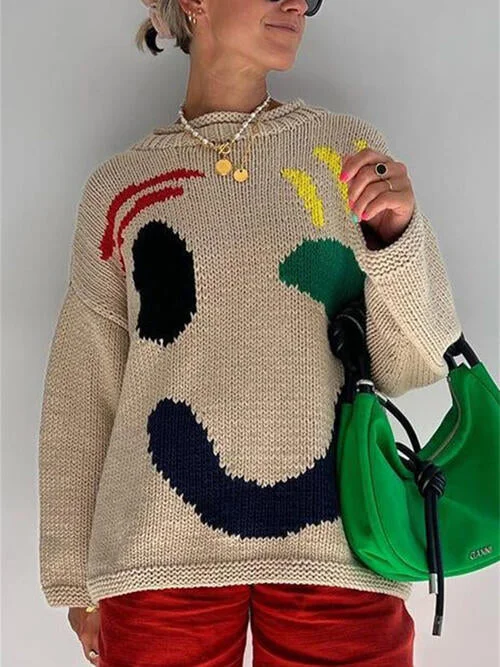 Contrast Drop Shoulder Long Sleeve Sweater Vacation