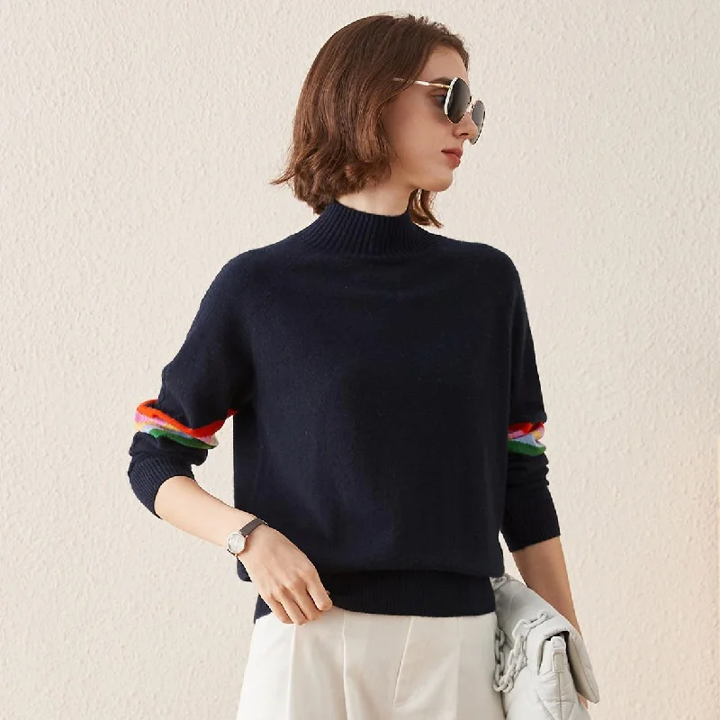 100% Cashmere Sweater with Multicolored Striped Sleeves purpose