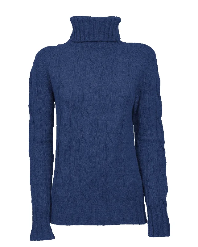 NEW FALL 24 - Women's Pure Cashmere Cable Knit Turtleneck Sweater Melange Blue by Monticelli Cashmere Practical Women's Multi - 