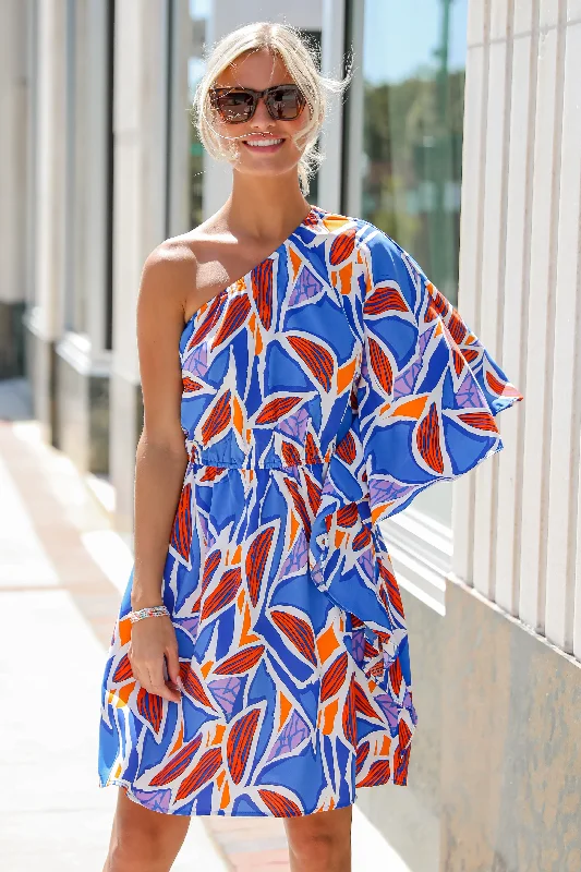 FINAL SALE - Celebratory Beauty Blue One-Shoulder Mini Dress Hip Women's Retro