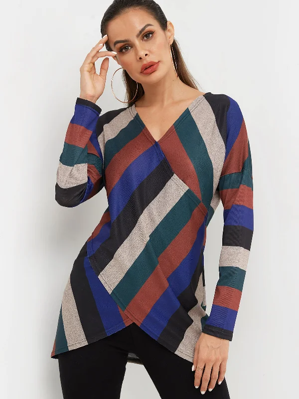 Custom V-Neck Stripe Crossed Front Long Sleeve Irregular Hem T-Shirts