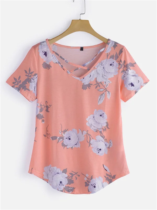 Custom Round Neck Floral Print Crossed Front Short Sleeve Curved Hem Pink Top Vacation