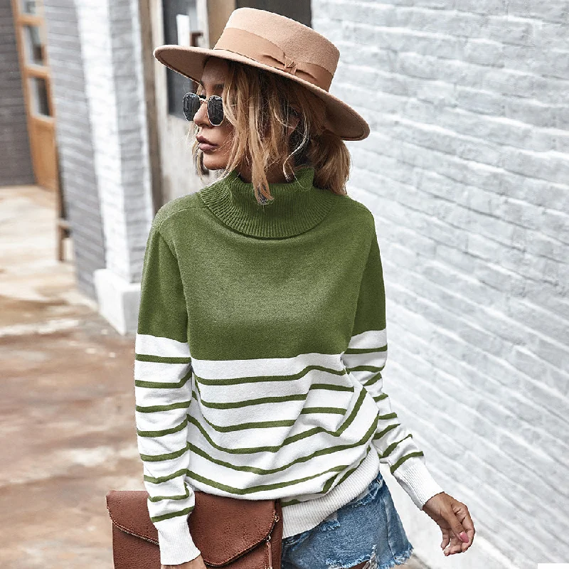 Fashion High Neck Striped Long Sleeve Sweater Wholesale Womens Tops