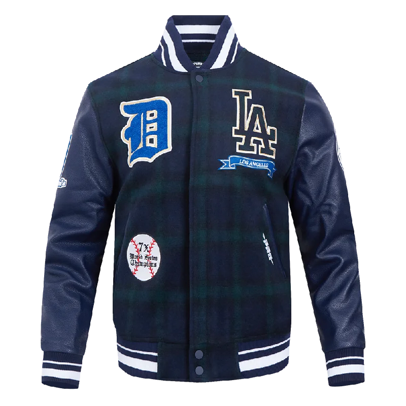 MLB LOS ANGELES DODGERS PRO PREP PLAID WOOL MEN'S VARSITY JACKET (FOREST GREEN/MIDNIGHT NAVY)