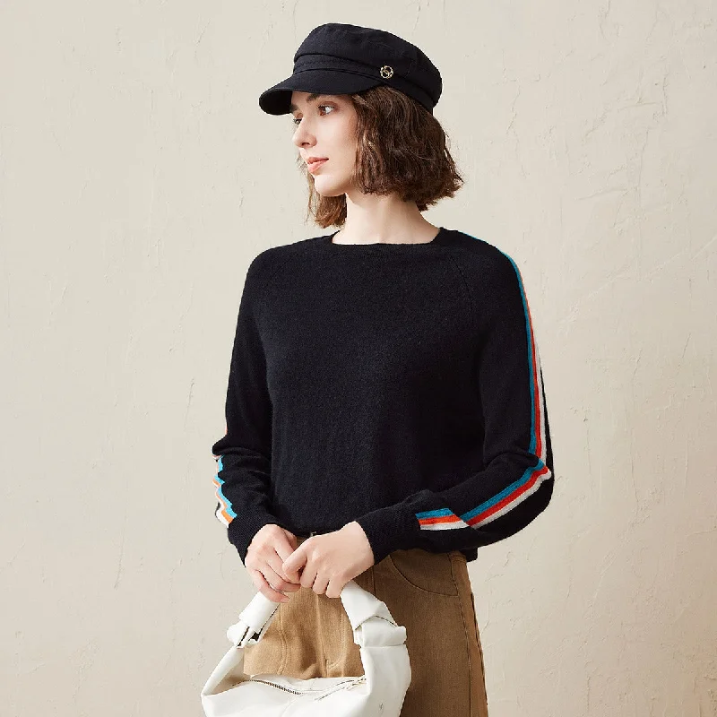 100% Cashmere Knit Sweater with Colorful Side Stripes Sophisticated Women's 