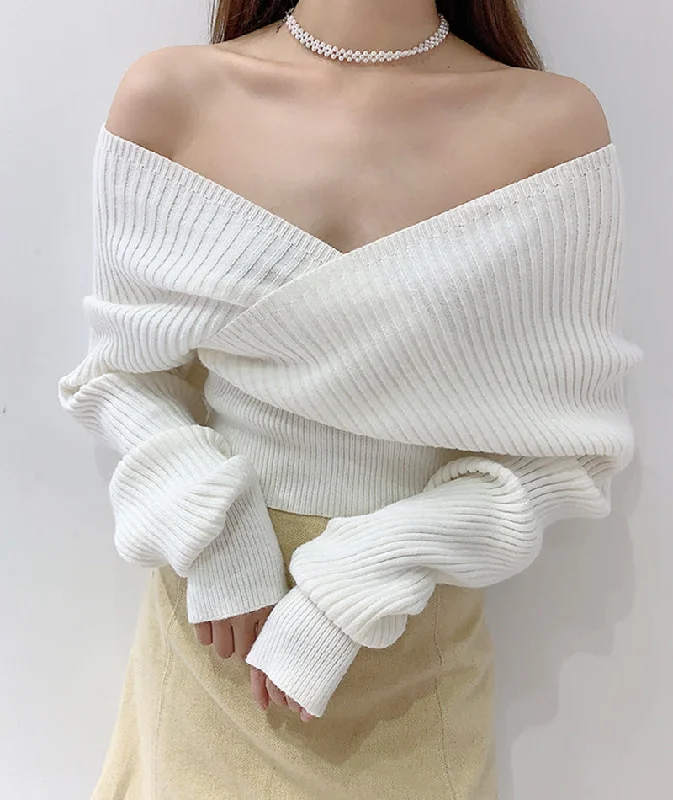 Sexy off-shoulder long-sleeved sweater white sweater  116