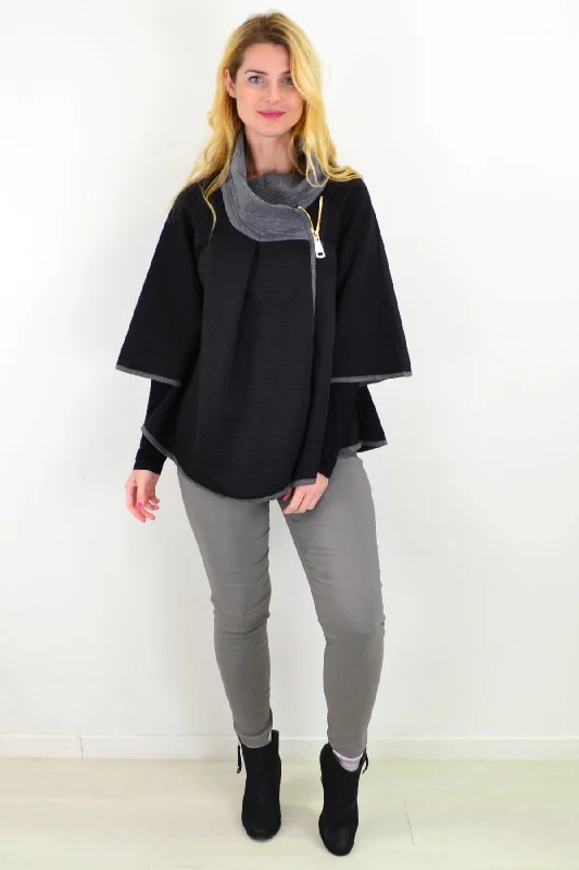 Black Quilted Grey Collar Winter Poncho Tunic