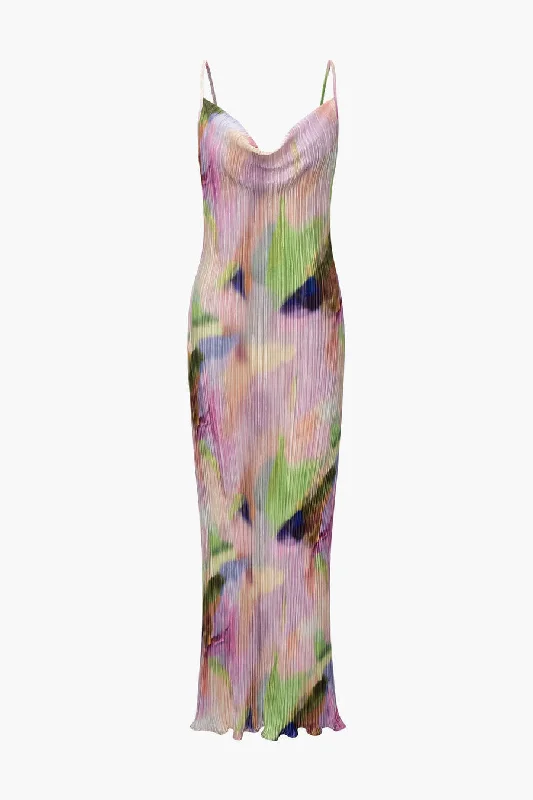 A&A Abstract Plisse Cowl Neck Maxi Dress