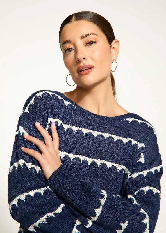 Boat-Neck Scalloped Stripe Sweater, White/Navy