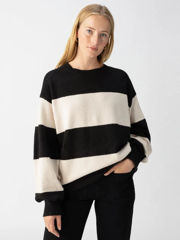 Cuddle Up Crewneck Sweater Toasted Almond Black Stripe Traditional Women's 
