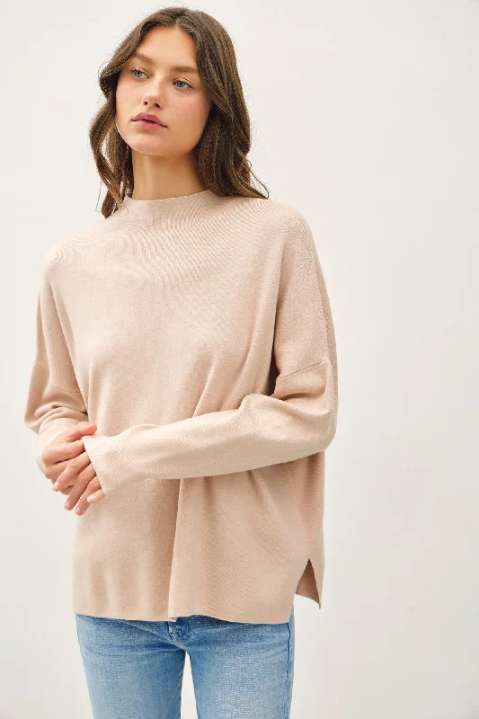 Beige Relaxed Fit Mock Neck Sweater Modern Women's 