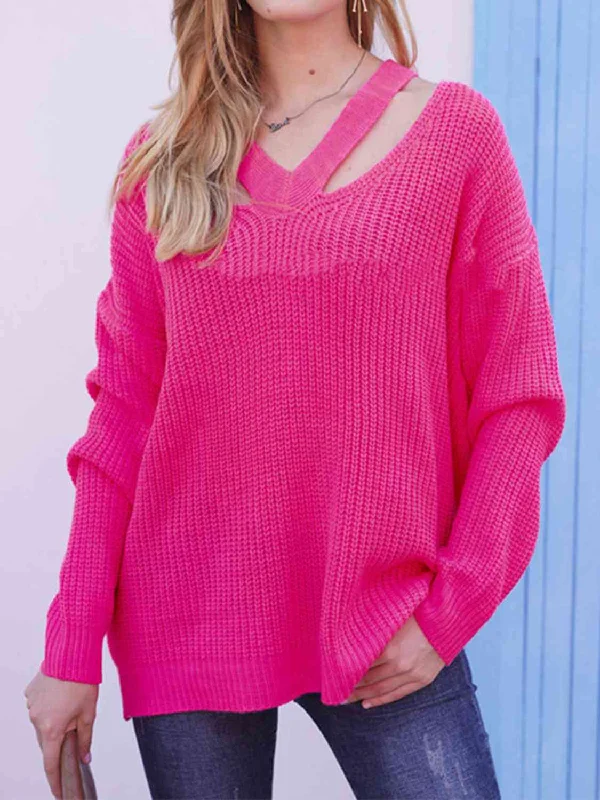Full Size Cutout V-Neck Rib-Knit Sweater Confident Women's High - fashion