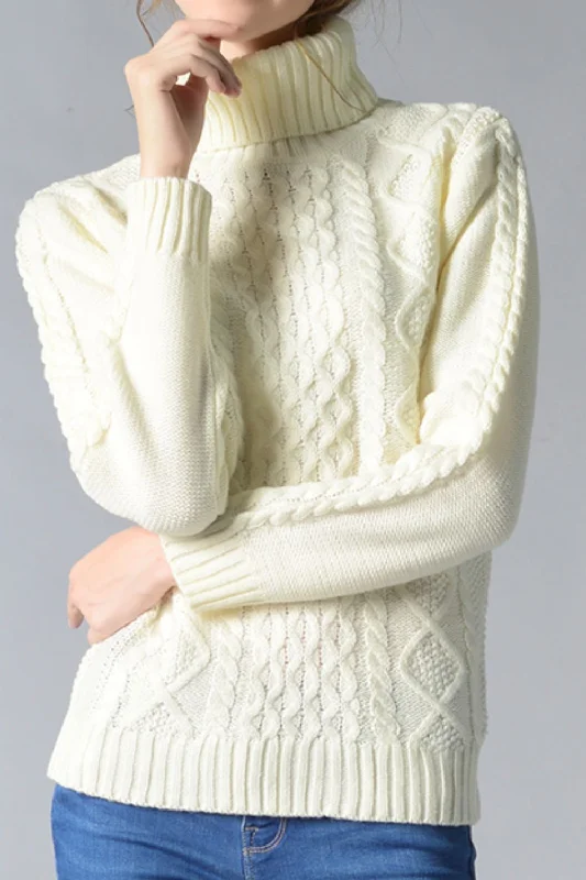 Cable-Knit Turtleneck Pullover Sweater Monochromatic All - in - one