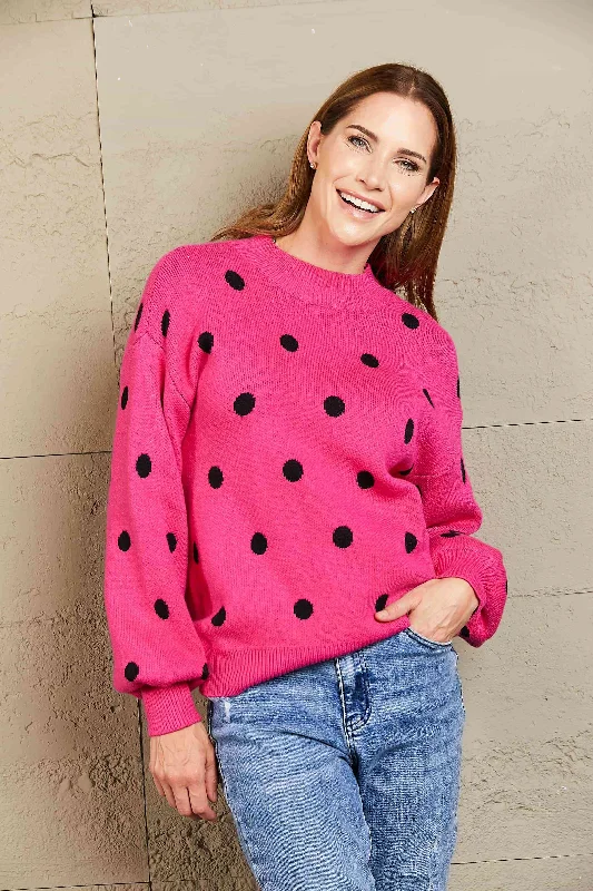 Woven Right Polka Dot Round Neck Dropped Shoulder Sweater Modern Women's 