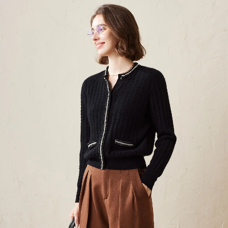 100% Cashmere Faux Cardigan Sweater with Decorative Pockets Confident Women's High - fashion