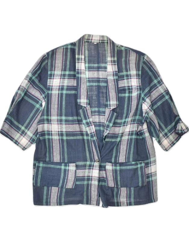 VINTAGE Womens Short Sleeve 1 Button Blazer Jacket EU 42 Large Blue Check Confident Women's Power