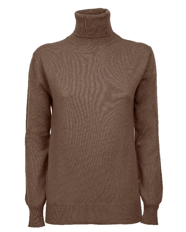NEW FALL 24 - Women's Pure Cashmere Turtleneck Sweater Brown by Monticelli Cashmere Artistic Women's Hand - painted