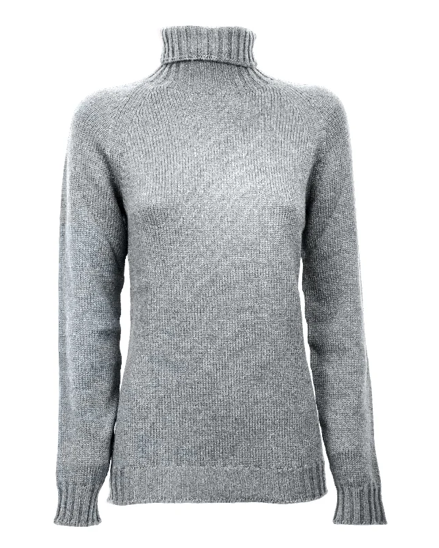 NEW FALL 24 - Women's Cashmere Raglan Sleeve Turtleneck Sweater Melange Gray by Monticelli Cashmere Feminine Women's Soft 