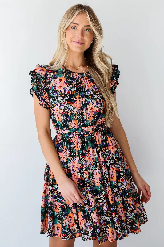 FINAL SALE - Moment Of Beauty Black Tiered Floral Mini Dress Relaxed Women's 