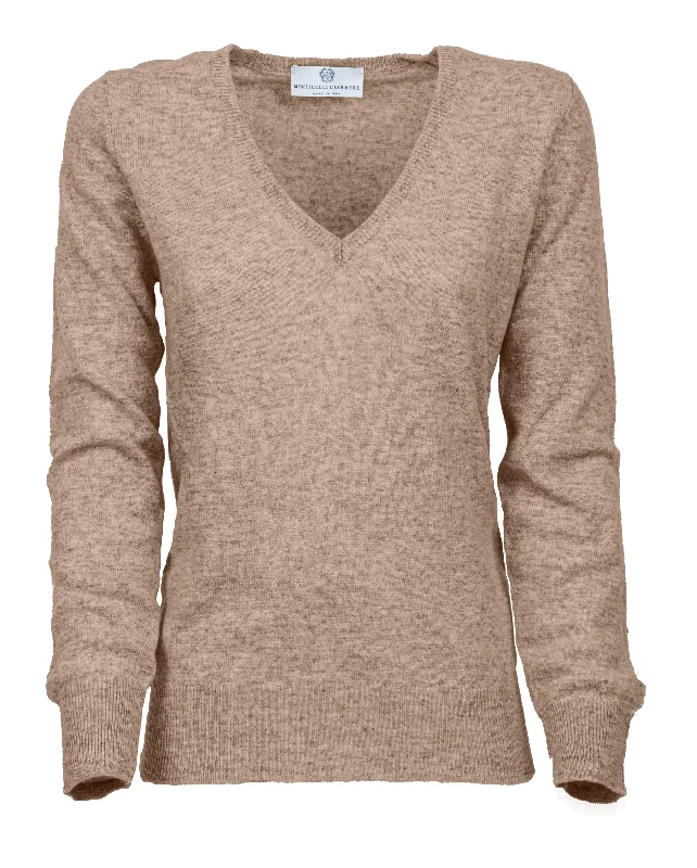 NEW FALL 24 - Women's Pure Cashmere V-Neck Sweater Taupe by Monticelli Cashmere Dynamic Women's High - energy