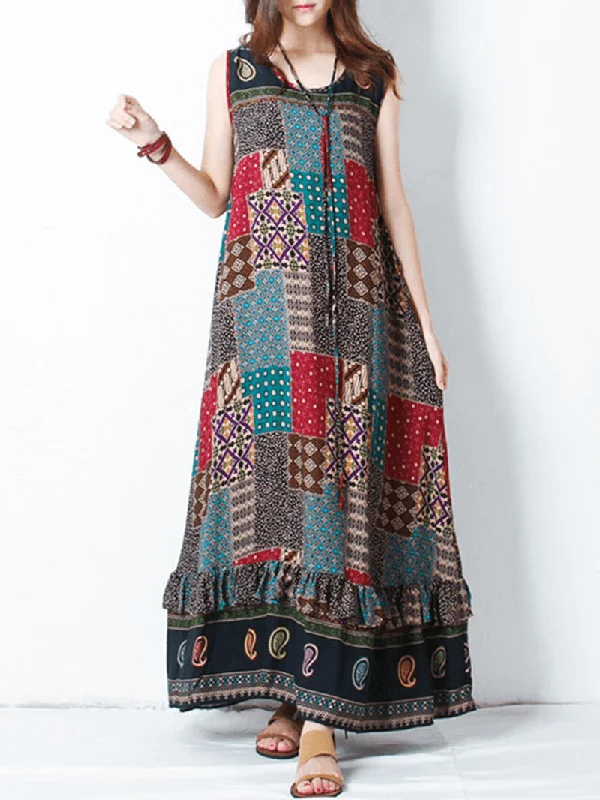 Bohemian Women Sleeveless O-Neck Printed Maxi Tank Dress