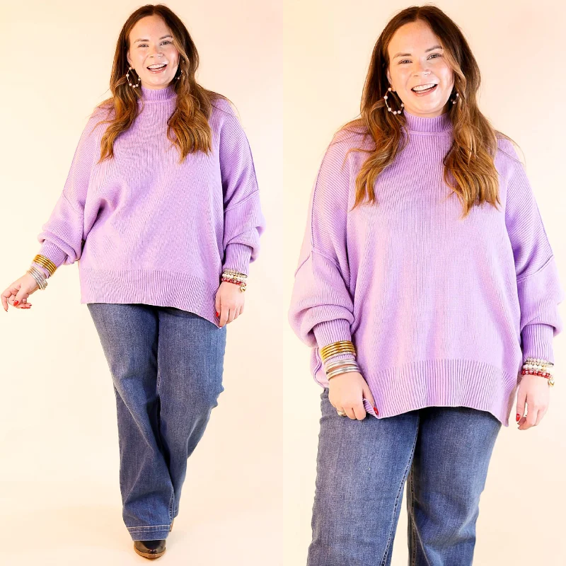 Snug and Stylish Mock Neck Sweater with Side Slit in Lavender Purple Athletic Women's 