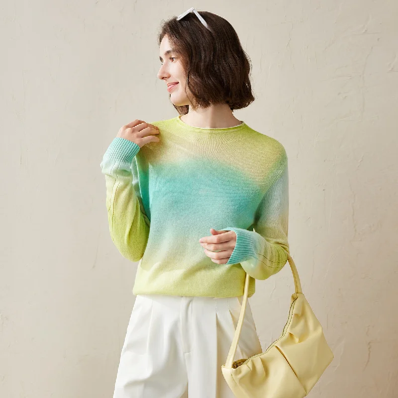 100% Cashmere Gradient Color Knit Sweater Elegant Women's 