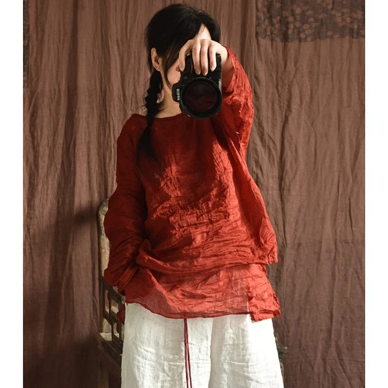 Spring Summer Retro Pleated Linen Long Sleeve T-Shirt