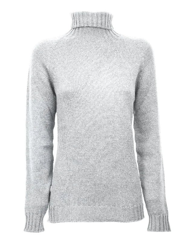NEW FALL 24 - Women's Cashmere Raglan Sleeve Turtleneck Sweater Light Gray by Monticelli Cashmere Dynamic Women's High - energy