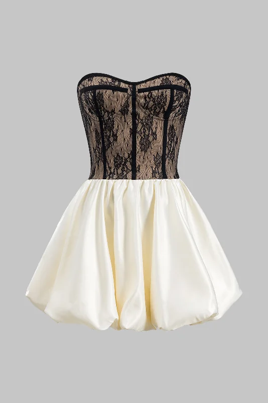 Satin Lace Pleated Patchwork Bustier Corset Strapless Mini Dress British Gentlewoman Style