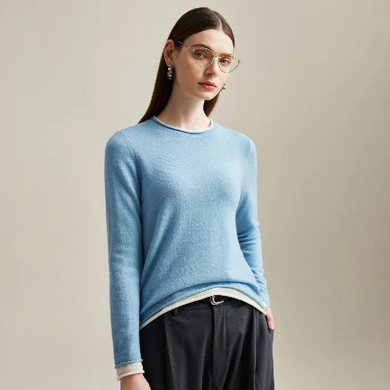 100% Cashmere Sweater with Contrast Trim Casual Women's Loose - fitting